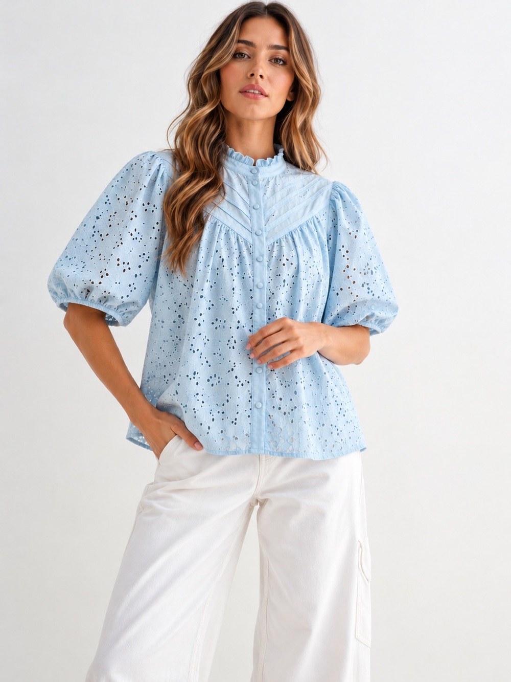 NWT PRETTYGARDEN Blue Cotton Eyelet Puff Sleeve Blouse L